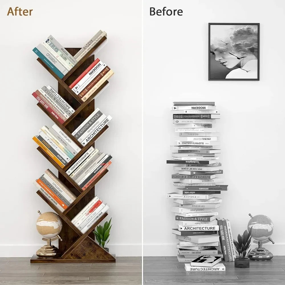 Tree Bookshelf, 9-Tier Shelf  Bookcase, Retro Wood Storage Rack