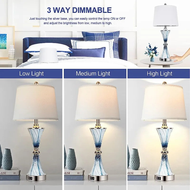 Set of 2 Blue Glass Table Lamps for Bedrooms with 2 USB ports 3-Way Dimmable