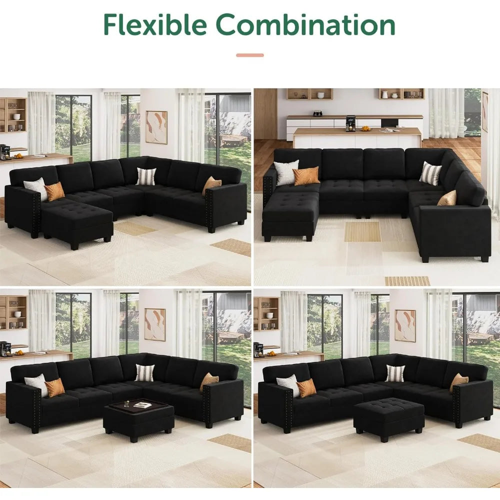 Living Room Sofas, 7-Seater Storage Ottoman Corner Sectional Couch