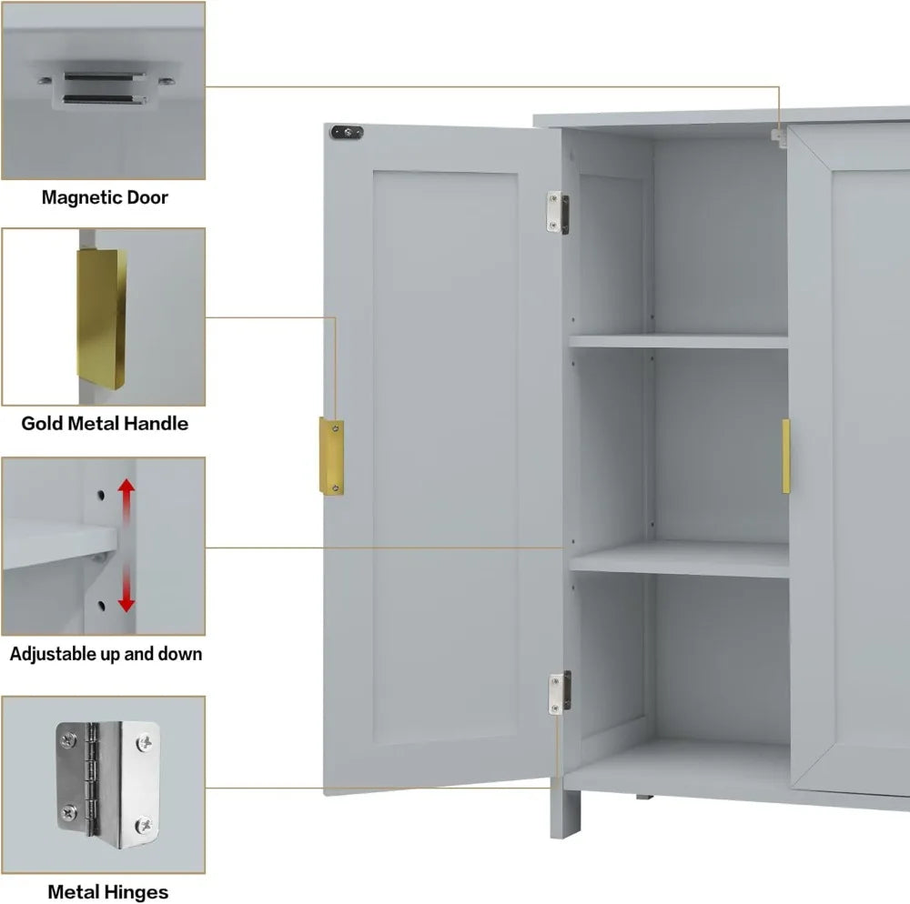 Grey Bathroom Storage Cabinet Freestanding with 2 Doors