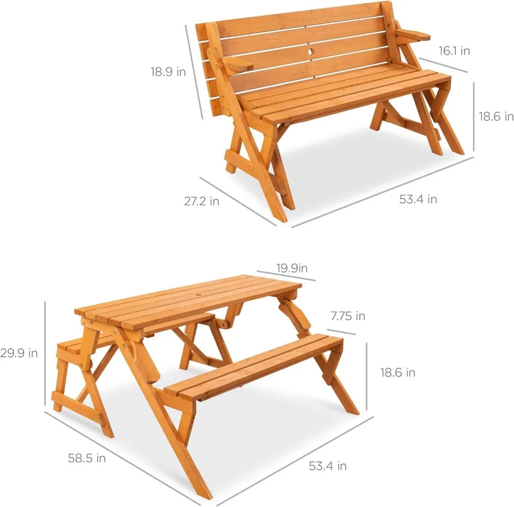 2-in-1 Transforming Interchangeable Outdoor Wooden Picnic Table Garden Bench for Backyard