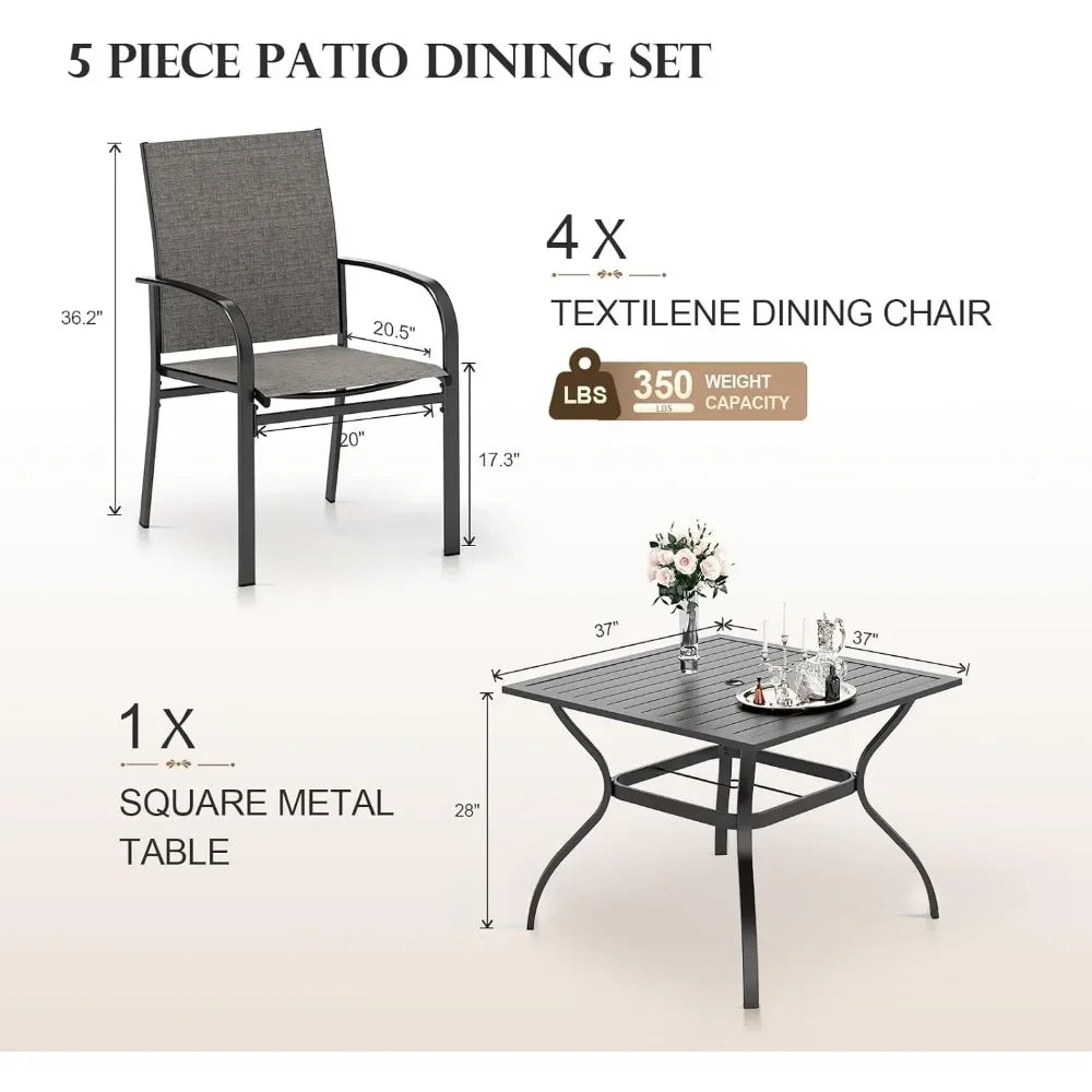 Outdoor Table and Chairs Set,4 X Grey Textilene Dining Chair, 37" Square Metal Dining Table