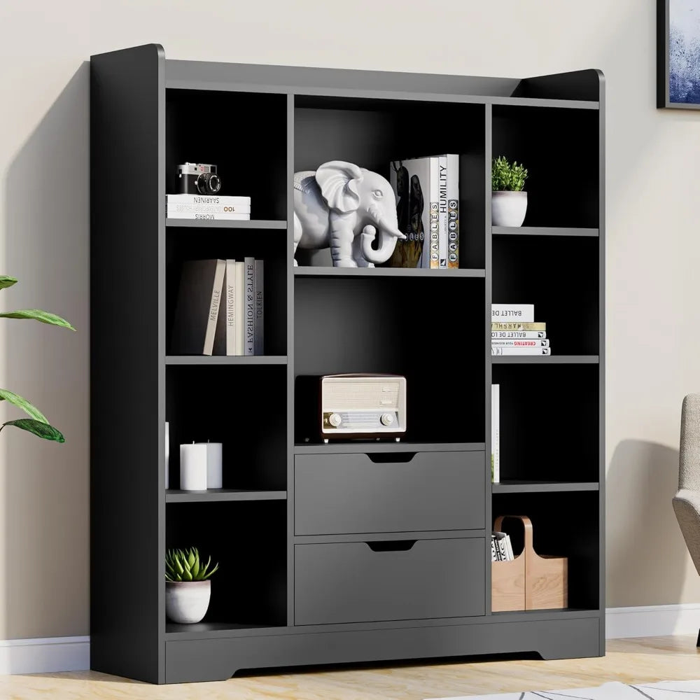 4-Tier Open Shelf Bookcase, 47.2" Cube Storage Shelf with 10 Cubes and 2 Drawers