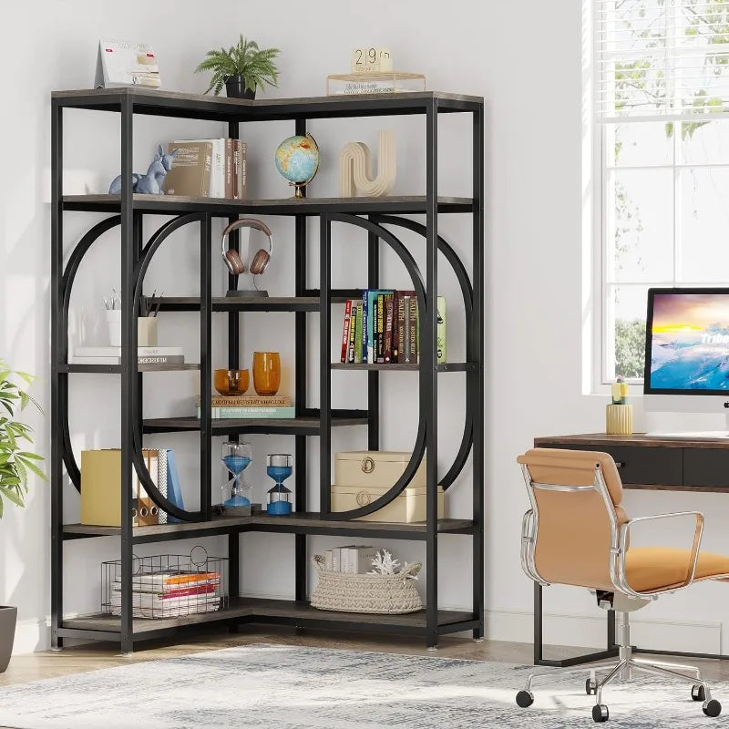 7-Shelf Corner Bookshelf, Tall L-Shaped Corner Shelf Stand Display Rack with Storage, Metal Frame